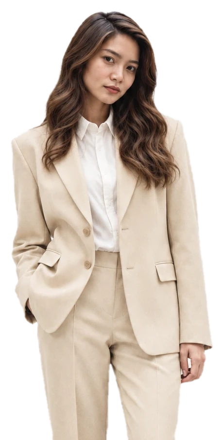 Karr in a cream suit and white shirt