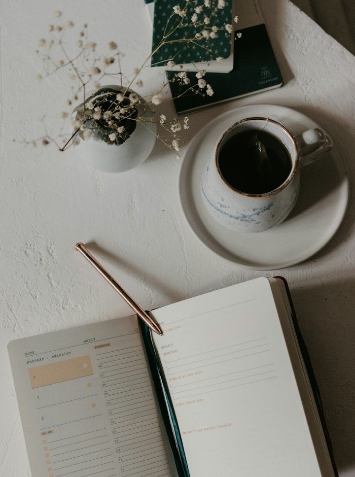 Open planner and a cup of coffee