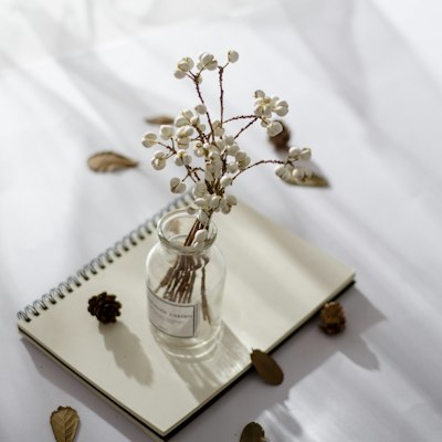 Dried flowers in a glass jar on an open notebook